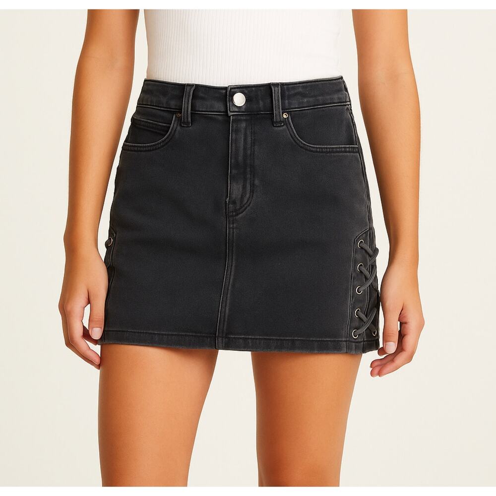 Pacsun Black Denim Lace-Up Mini Skirt | Y2K Grunge High Rise